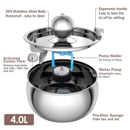 304 Stainless Steel Pet Water Fountain 4L/135 Oz with Faucet Silent Filter Automatic Dog Water Fountain Live Water Circulation